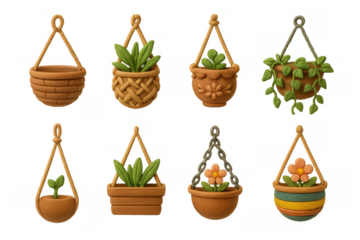 Clay art hanging planters collection with lush greenery and flower designs