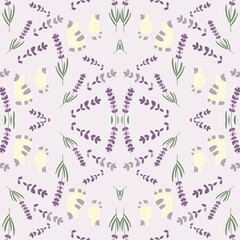Seamless Pattern Cute Cat and Lavender Flowers Pastel Botanical Background JPG