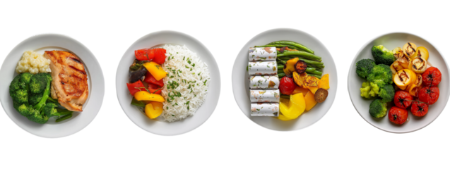  healthy balanced meals with fish, chicken and tofu on transparent background