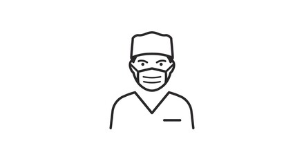 Line Art Doctor Wearing Mask Isolated on White Background