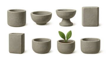 Diverse concrete planters collection featuring unique shapes and plant growth