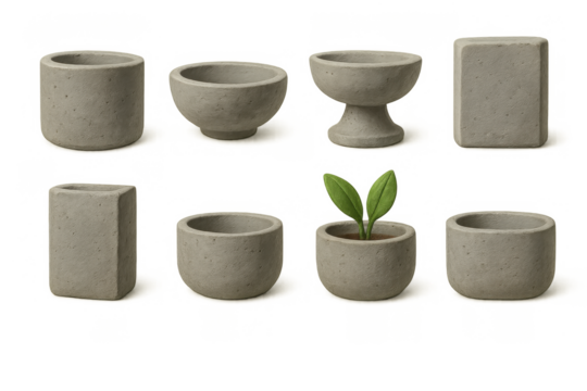 Diverse concrete planters collection featuring unique shapes and plant growth
