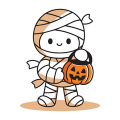 Naklejka premium Little mummy illustration, a happy mummy holding a pumpkin