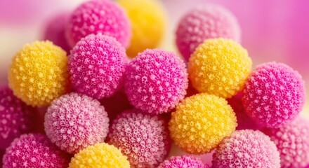 Colorful Pom Poms Pink and Yellow Background Soft Light