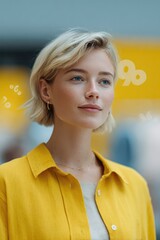 Brightly lit scene featuring confident young woman in vibrant ye