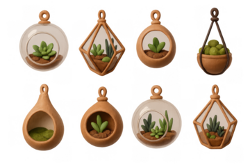 Charming hanging terrariums with succulents: geometric designs in 3d art style