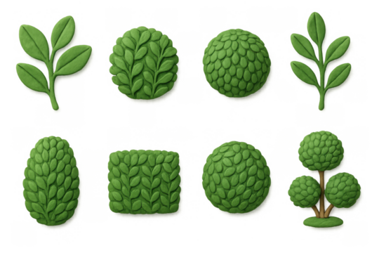Realistic topiary tree designs in various shapes and styles