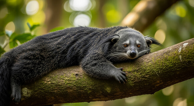 A Binturong Resting on a Tree Branch.