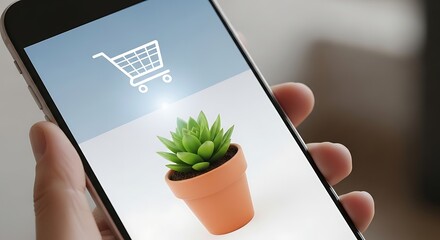 Online Shopping App on Smartphone with Plant and Shopping Cart.