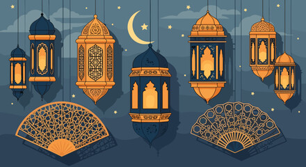Islamic ornamental lanterns and decorative fans with crescent moon