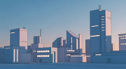 Minimalist skyline with glowing highlights and geometric shapes