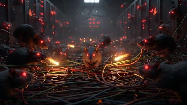 Sinister rats attacking electrical wires data center