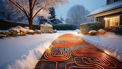a heated driveway system in action melting snow as it falls leaving a clean dry surface free from ice