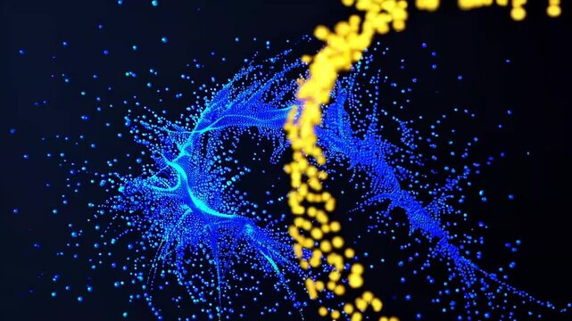 vibrant and energetic abstract animation featuring swirling particles in brilliant blue and warm yellow tones moving in fluid perpetual motion against deep black background