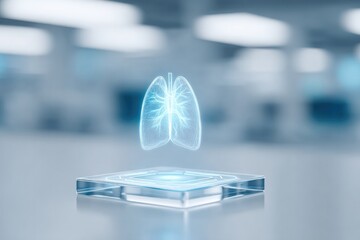 Holographic lungs displayed above sleek surface, illuminated in
