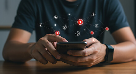 Person using smartphone with digital network hands technology