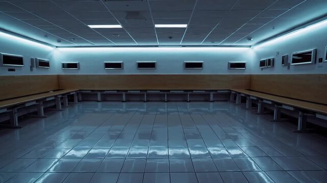Unoccupied locker room facility for ice hockey athletes featuring benches and electronic tablets under neon lighting