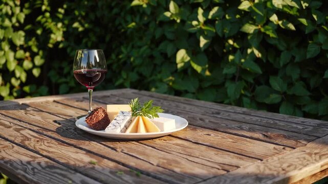 Arrangement of Red Grape Beverage Accompanied by Cheese Platter on Wooden Surface