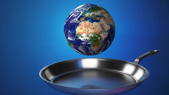 globe on cooking pan globe on cooking pan floating on azure backdrop. climate change notion. three-dimensional rendering