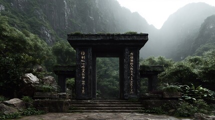 Mystical stone gate leading to an ancient mountain landscape under a misty sky
