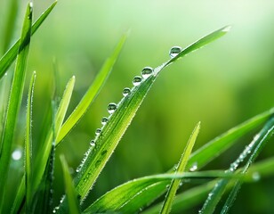 closeup dew drops on green grass blade