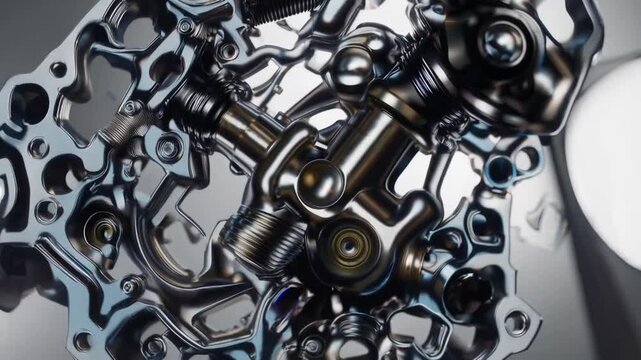 disassembled automotive internal combustion engine showing its numerous complex mechanical parts and components