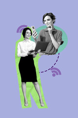 Pop image sketch 3d collage poster of happy girl guy hold phone wifi connection chatterbox communication fast network wlan