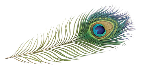 Obraz premium Title 1: Realistic Peacock Feather with Vibrant Iridescent Eye, Isolated on Transparent Background Title 2: Highly Detailed Single Peacock Feather with Subtle Lighting Revealing Fine Strands, Transpar