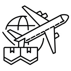 Vector art of global air cargo transportation icon with airplane, globe and package, symbolizing international shipping and logistics services
