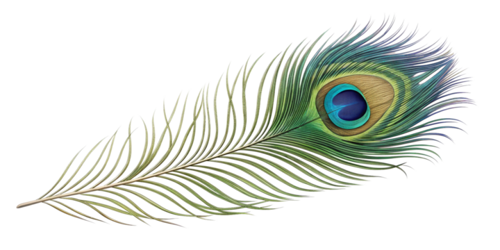 Title 1: Realistic Peacock Feather with Vibrant Iridescent Eye, Isolated on Transparent Background
Title 2: Highly Detailed Single Peacock Feather with Subtle Lighting Revealing Fine Strands, Transpar