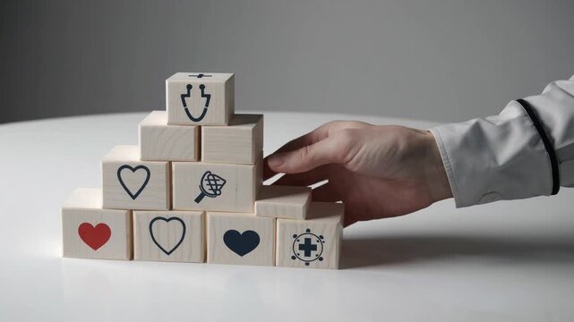 Wooden toy blocks stacked in formation on white tabletop and background setting. Healthcare and insurance symbolic icons printed on wooden cubes arranged in pyramidal shape. Available copy space and 