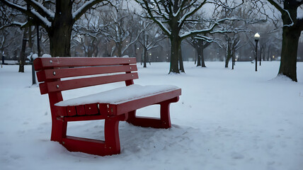 bench in the park, Red Wooden Park Bench Under Soft Snowfall at Dusk