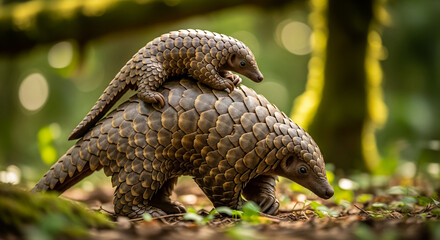 Obraz premium A Pangolin with Its Baby on Its Back.