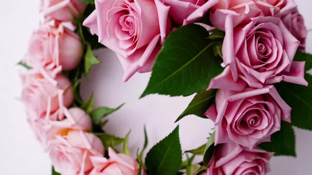 Front view of floral crown made from fresh pink roses on isolated background with clipping path