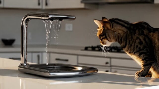 Feline companion consuming water from specialized pet hydration fountain, viewed from the side