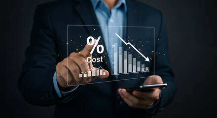 Business professional analyzing financial data with declining cost graph finance chart