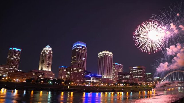Pyrotechnics Display Illuminating the Night Sky Over Urban Center on Summer Evening