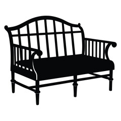 Vector art of black silhouette of a classic twoseater bench with a slatted back and armrests