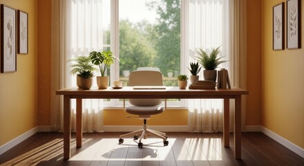 Fototapeta premium Sunny home office with wooden desk, plants, and window view