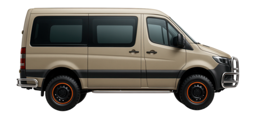 Adventure van with high-clearance windows and rugged bumper guards