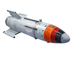 Detailed Metallic Bomb with Orange and Red Nose Cone and Gray Wings against a Transparent Background