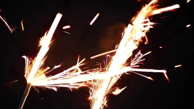 Close-Up Shot of Sparkler Stick Shaped into the Number Four Emitting Bright Sparks Against Black