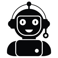 Vector art of a friendly robot icon with headphones and a microphone, symbolizing technology, artificial intelligence, and customer support