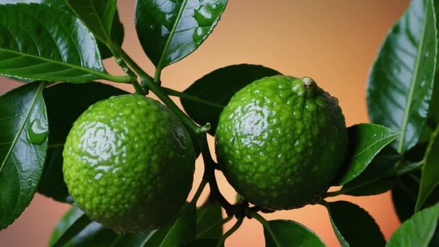 Branch with Two Fresh Limes Fruit Accompanied by Water Droplets and Green Leaves