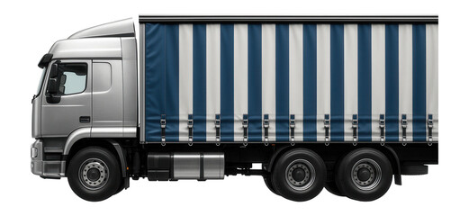 Truck with striped blue and white curtains and adjustable buckles