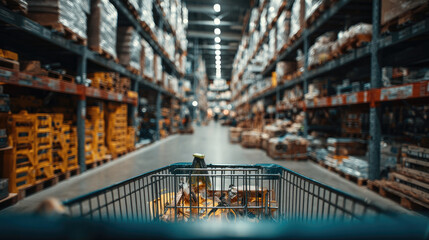 construction retail warehouse interior with shelves organized and filled with essential building materials including bricks, cement, plasterboard and tiles ready for sale and renovation projects