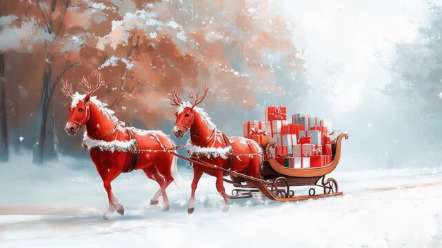 Two red horses pulling sleigh with gifts through snowy forest in winter wonderland