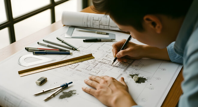 Architect meticulously drafting blueprint at workstation, Detailed architectural design with precision tools and technical drawings on the table