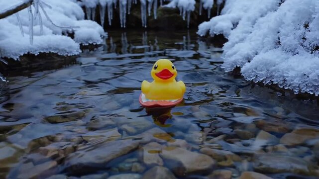 Winter Outdoor Activity Featuring Bathing Rubber Duck Equipped with Miniature Surfboard in Icy Water