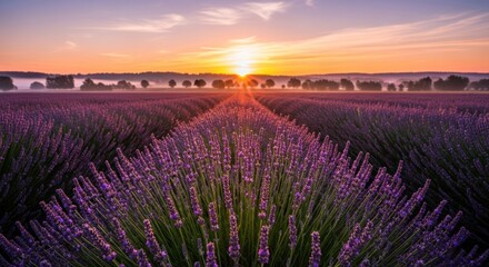 Obraz premium Sunrise over a vast lavender field